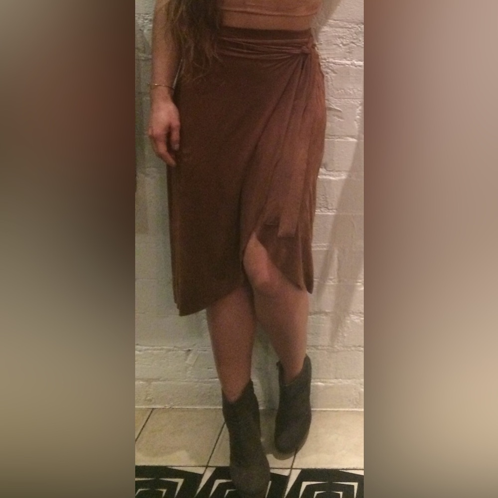 Brown Midi Wrap Skirt with Asymmetrical Slit - faux suede